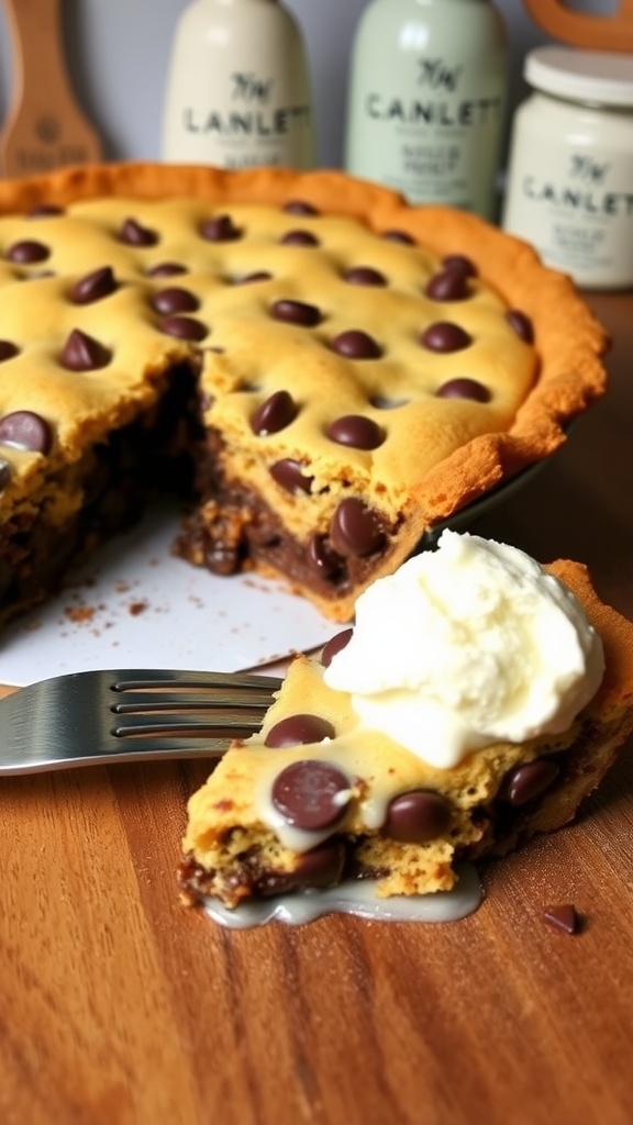 A gooey chocolate chip cookie pie with melting chocolate chips, served with a scoop of vanilla ice cream on a wooden table.